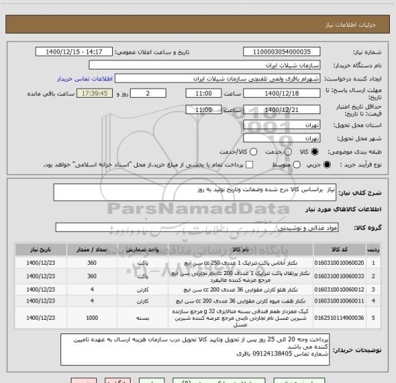 استعلام نیاز  براساس کالا درج شده وضمانت وتاریخ تولید به روز 