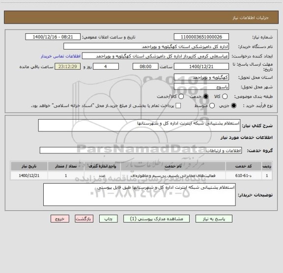 استعلام استعلام پشتیبانی شبکه اینترنت اداره کل و شهرستانها