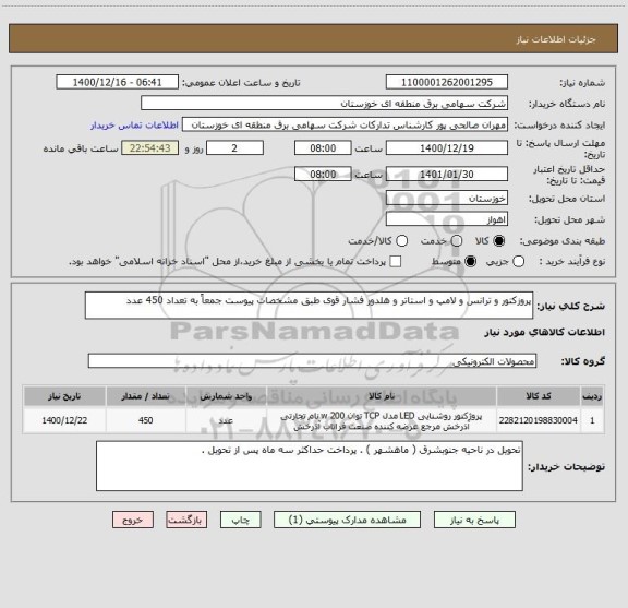 استعلام پروزکتور و ترانس و لامپ و استاتر و هلدور فشار قوی طبق مشخصات پیوست جمعاً به تعداد 450 عدد