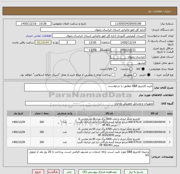 استعلام خرید کارتریج G&B مطابق با درخواست.