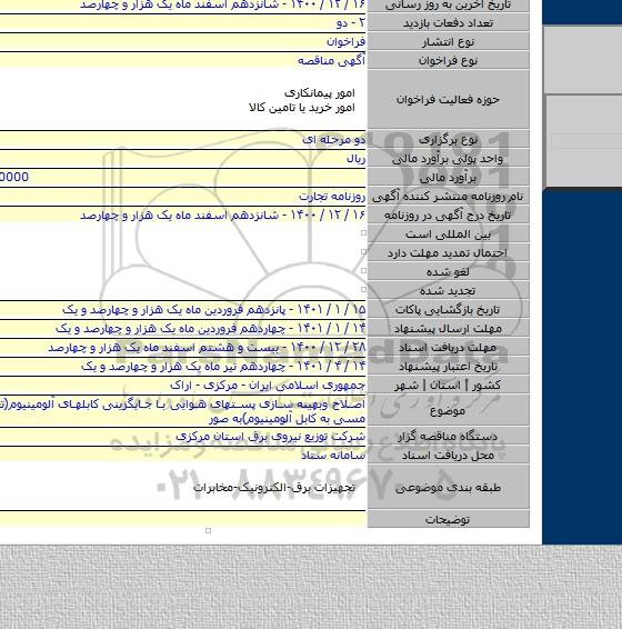 اصلاح وبهینه سازی پستهای هوایی با جایگزینی کابلهای آلومینیوم(تعویض کابل مسی به کابل آلومینیوم)به صور