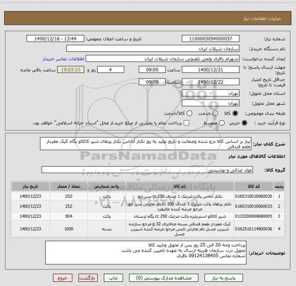 استعلام نیاز بر اساس کالا درج شده وضمانت و تاریخ تولید به روز نکتار آناناس نکتار پرتقال شیر کاکائو پگاه کیک مغزدار طعم فندقی