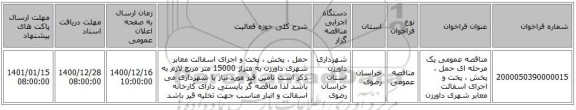 مناقصه عمومی یک مرحله ای حمل ، پخش ، پخت و اجرای اسفالت معابر شهری داورزن 