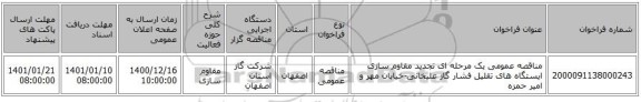 مناقصه عمومی یک مرحله ای تجدید مقاوم سازی ایستگاه های تقلیل فشار گاز علیخانی-خیابان مهر و امیر حمزه