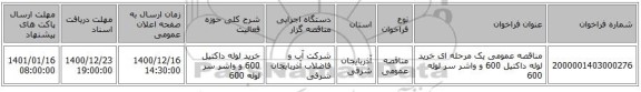 مناقصه عمومی یک مرحله ای خرید لوله داکتیل 600 و واشر سر لوله 600