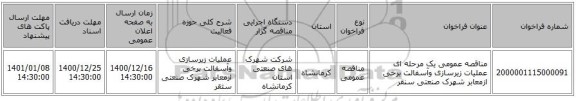 مناقصه عمومی یک مرحله ای عملیات زیرسازی وآسفالت برخی ازمعابر شهرک صنعتی سنقر
