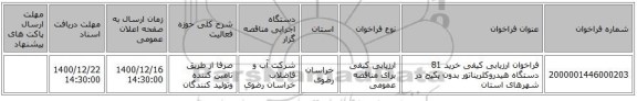 فراخوان ارزیابی کیفی خرید 81 دستگاه هیدروکلریناتور بدون پکیج در شهرهای استان
