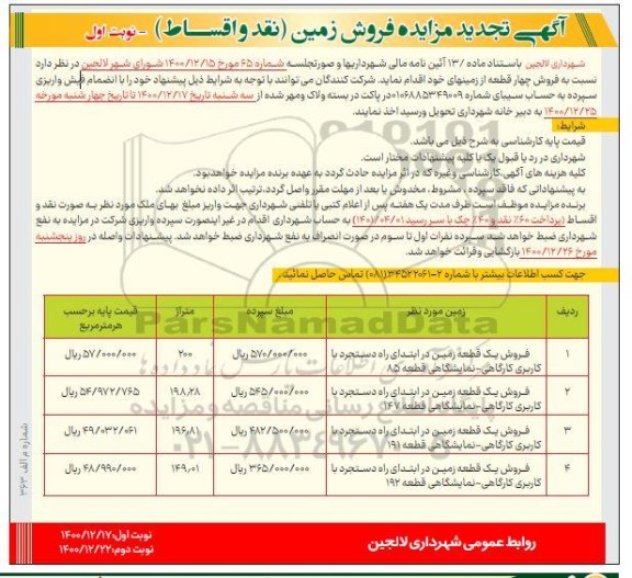 مزایده، مزایده فروش چهار قطعه زمین 