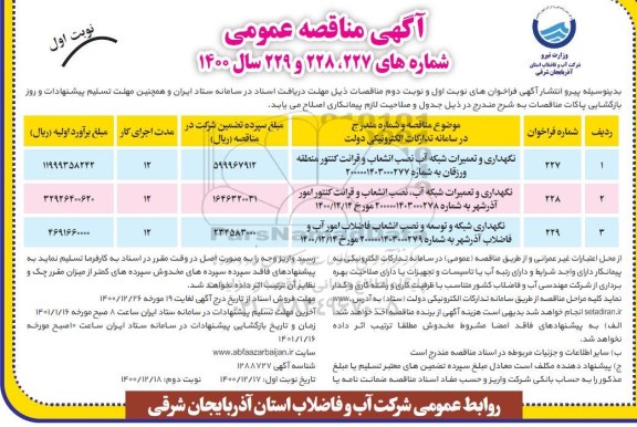مناقصه نگهداری و تعمیرات شبکه آب نصب انشعاب و قرائت  کنتور 