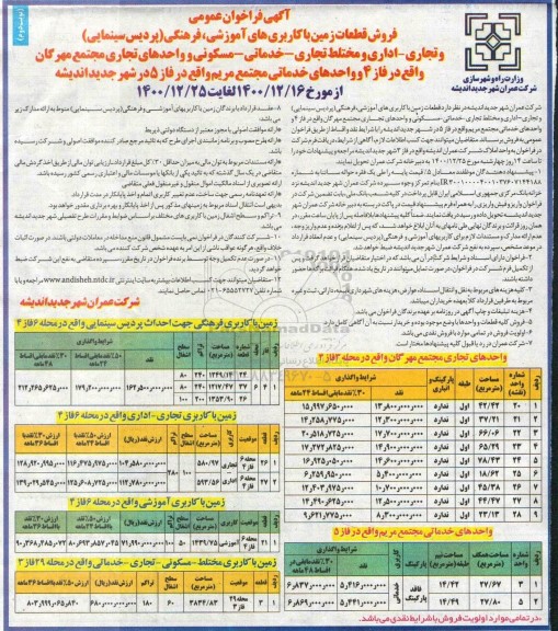مزایده فروش قطعات زمین با کاربری های آموزشی ، فرهنگی...