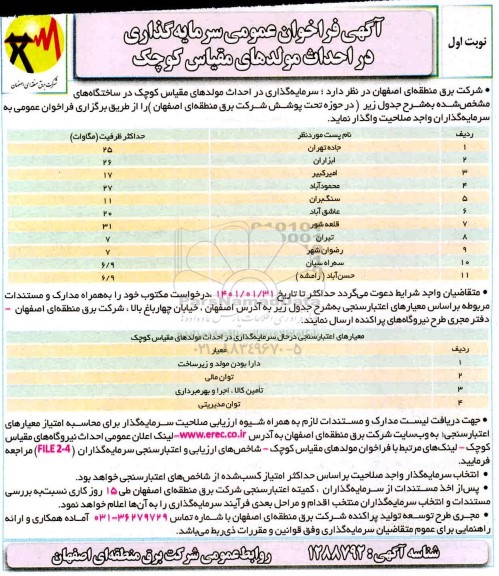 فراخوان عمومی سرمایه‌گذاری در احداث مولدهای مقیاس کوچک