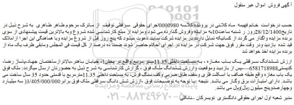 مزایده فروش ششدانگ سرقفلی یک باب مغازه ، به مساحت داخلی 11.35متر مربع