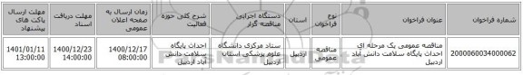 مناقصه عمومی یک مرحله ای احداث پایگاه سلامت دانش آباد اردبیل 