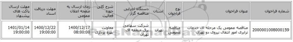 مناقصه عمومی یک مرحله ای خدمات ترابری امور انتقال نیروی دو تهران