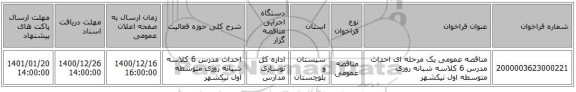 مناقصه عمومی یک مرحله ای احداث مدرس 6 کلاسه شبانه روزی متوسطه اول نیکشهر