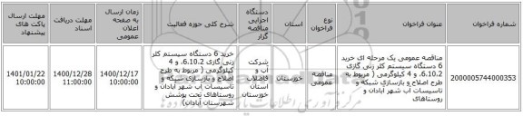 مناقصه عمومی یک مرحله ای خرید 6 دستگاه سیستم کلر زنی گازی 6،10،2، و 4 کیلوگرمی ( مربوط به طرح اصلاح و بازسازی شبکه و تاسیسات آب شهر آبادان و روستاهای 