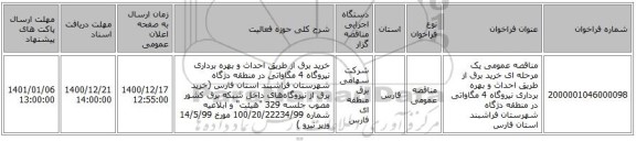مناقصه عمومی یک مرحله ای خرید برق از طریق احداث و بهره برداری نیروگاه 4 مگاواتی در منطقه دژگاه شهرستان فراشبند استان فارس