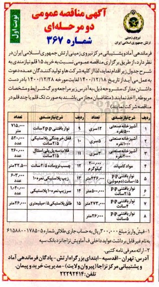 مناقصه، مناقصه خرید 15 قلم نیازمندی 