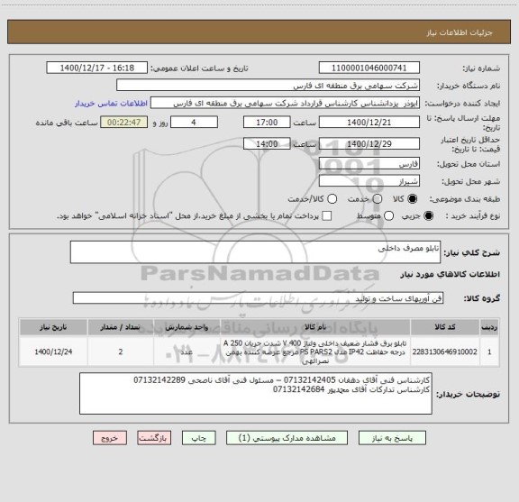استعلام تابلو مصرف داخلی