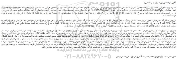 مزایده فروش کشتارگاه شماره یازده ممیز هزارو هشت سامیان 