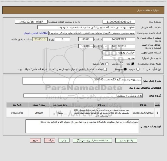 استعلام سرسوزن برند ورید گیج 23به تعداد 260000