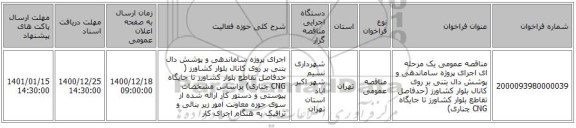 مناقصه عمومی یک مرحله ای اجرای پروژه ساماندهی و پوشش دال بتنی بر روی کانال بلوار کشاورز (حدفاصل تقاطع بلوار  کشاورز تا جایگاه CNG چناری)  