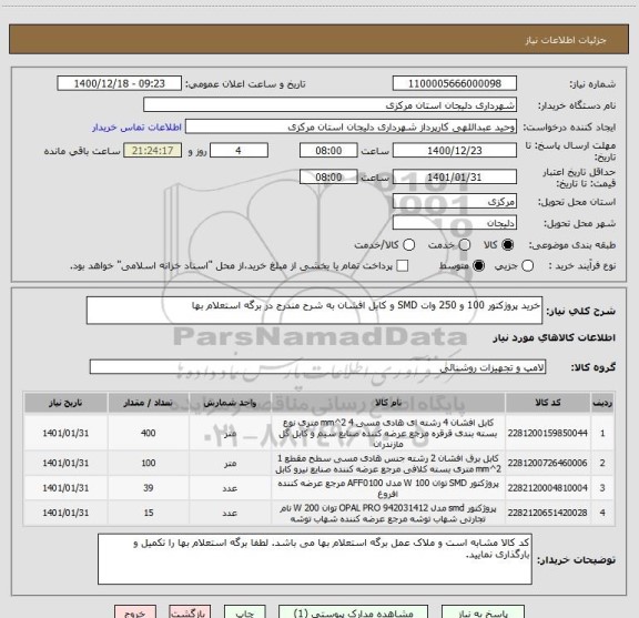 استعلام خرید پروژکتور 100 و 250 وات SMD و کابل افشان به شرح مندرج در برگه استعلام بها