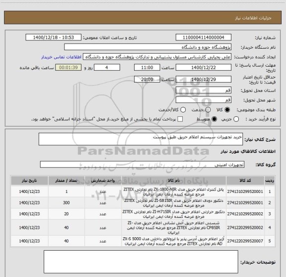 استعلام خرید تجهیزات سیستم اعلام حریق طبق پیوست 