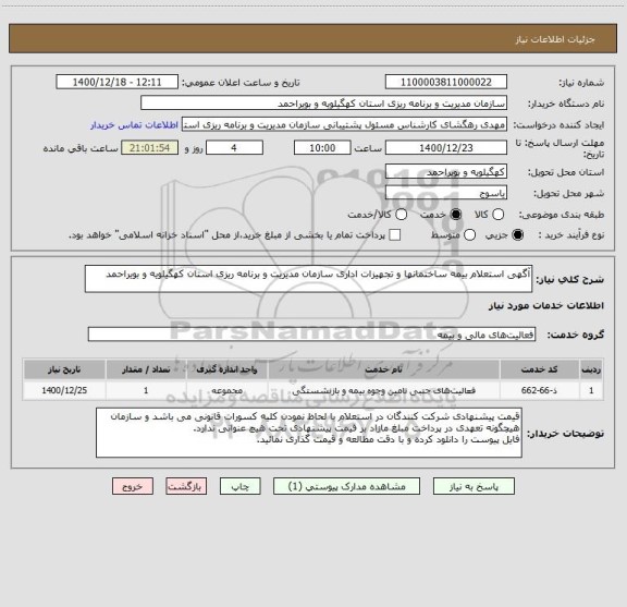 استعلام آگهی استعلام بیمه ساختمانها و تجهیزات اداری سازمان مدیریت و برنامه ریزی استان کهگیلویه و بویراحمد