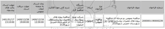 مناقصه عمومی دو مرحله ای مناقصه پروژه های تعمیرات روشنایی معابر ، در شهرستان خمینی شهر2125