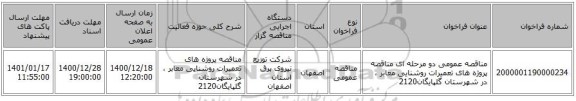 مناقصه عمومی دو مرحله ای مناقصه پروژه های تعمیرات روشنایی معابر ، در شهرستان گلپایگان2120