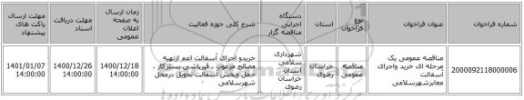 مناقصه عمومی یک مرحله ای خرید واجرای آسفالت معابرشهرسلامی