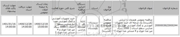 مناقصه عمومی همزمان با ارزیابی (فشرده) یک مرحله ای خرید تجهیزات آموزشی و کمک آموزشی مورد نیاز مدارس سطح استان ( 1000 سری میز غذا خوری و 4 صندلی غذا خوری )