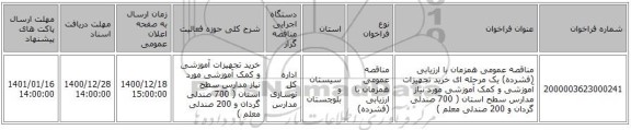 مناقصه عمومی همزمان با ارزیابی (فشرده) یک مرحله ای خرید تجهیزات آموزشی و کمک آموزشی مورد نیاز مدارس سطح استان (  700 صندلی گردان و 200 صندلی معلم )