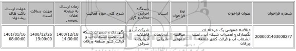 مناقصه عمومی یک مرحله ای نگهداری و تعمیرات شبکه آب ، نصب انشعاب آب و قرائت کنتور منطقه ورزقان