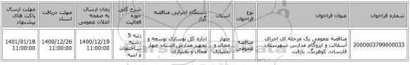 مناقصه عمومی یک مرحله ای اجرای آسفالت و ایزوگام مدارس شهرستان فارسان، کوهرنگ، بازفت 