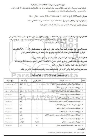 مزایده عمومی فروش انواع قطعات مازاد سنگین و نیمه سنگین ...