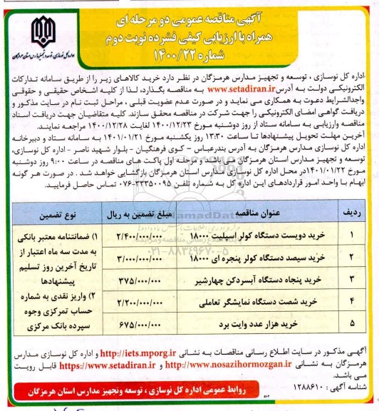 مناقصه خرید دویست دستگاه کولر اسپلیت 