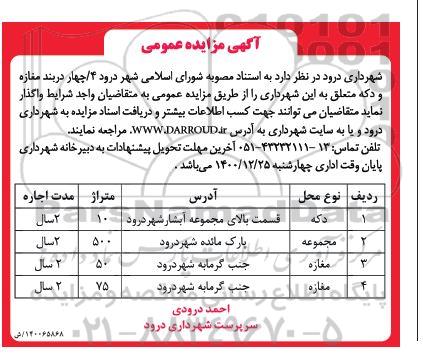 مزایده واگذاری 4 دربند مغازه  و دکه