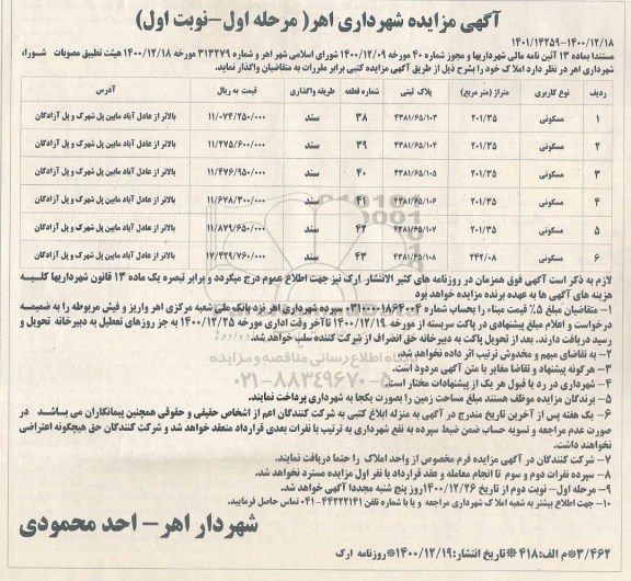 مزایده واگذاری املاک با کاربری مسکونی