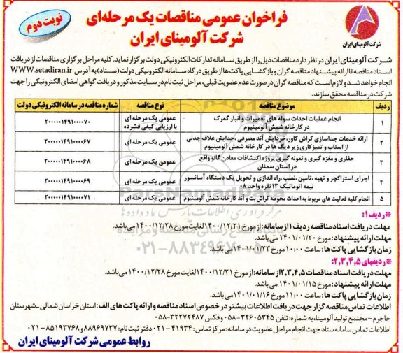 فراخوان عمومی مناقصه انجام عملیات احداث سوله های تعمیرات و انبار..... نوبت دوم 
