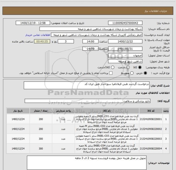استعلام درخواست گردنبند طبی فیلادلفیا سوراخدار طبق ایران کد