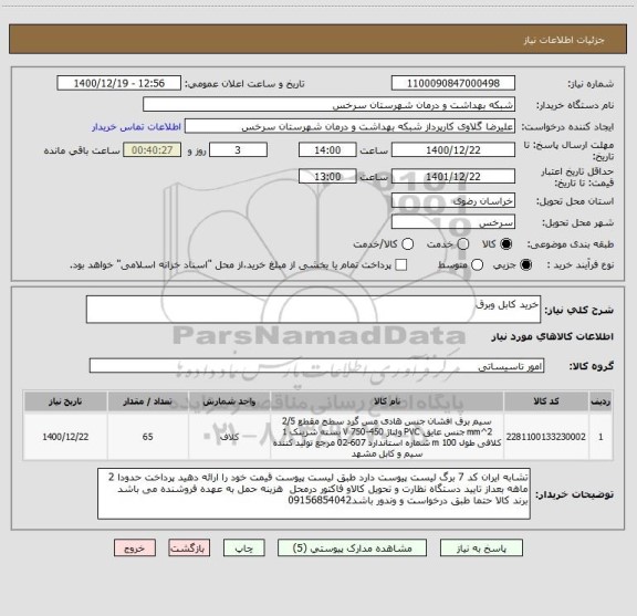 استعلام خرید کابل وبرق