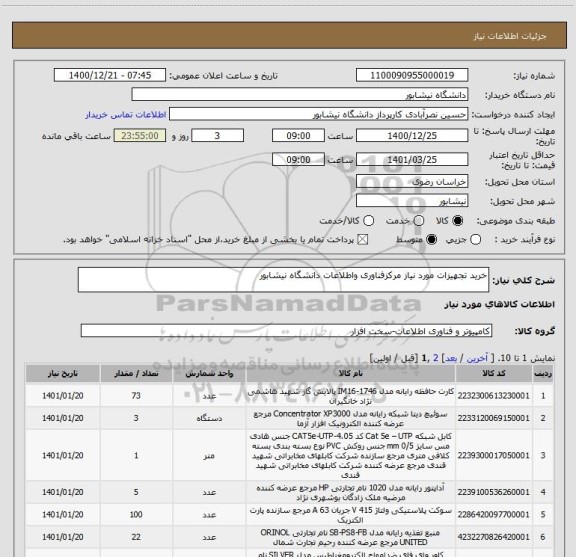 استعلام خرید تجهیزات مورد نیاز مرکزفناوری واطلاعات دانشگاه نیشابور