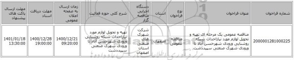 مناقصه عمومی یک مرحله ای تهیه و تحویل لوازم مورد نیازاحداث شبکه روشنایی ورودی شهرحسن آباد تا ورودی شهرک صنعتی سپیددشت 