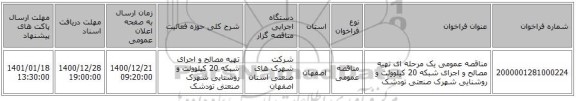مناقصه عمومی یک مرحله ای تهیه مصالح و اجرای شبکه 20 کیلوولت و روشنایی شهرک صنعتی تودشک  