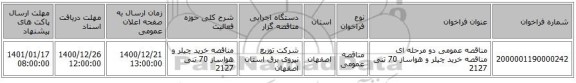 مناقصه عمومی دو مرحله ای مناقصه خرید چیلر و هواساز 70 تنی 2127