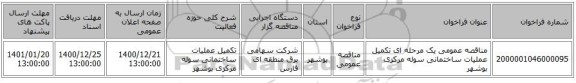 مناقصه عمومی یک مرحله ای تکمیل عملیات ساختمانی سوله مرکزی بوشهر