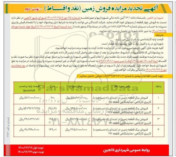 مزایده، مزایده فروش چهار قطعه زمین 