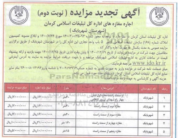 تجدید مزایده 5 باب واحد تجاری - نوبت دوم